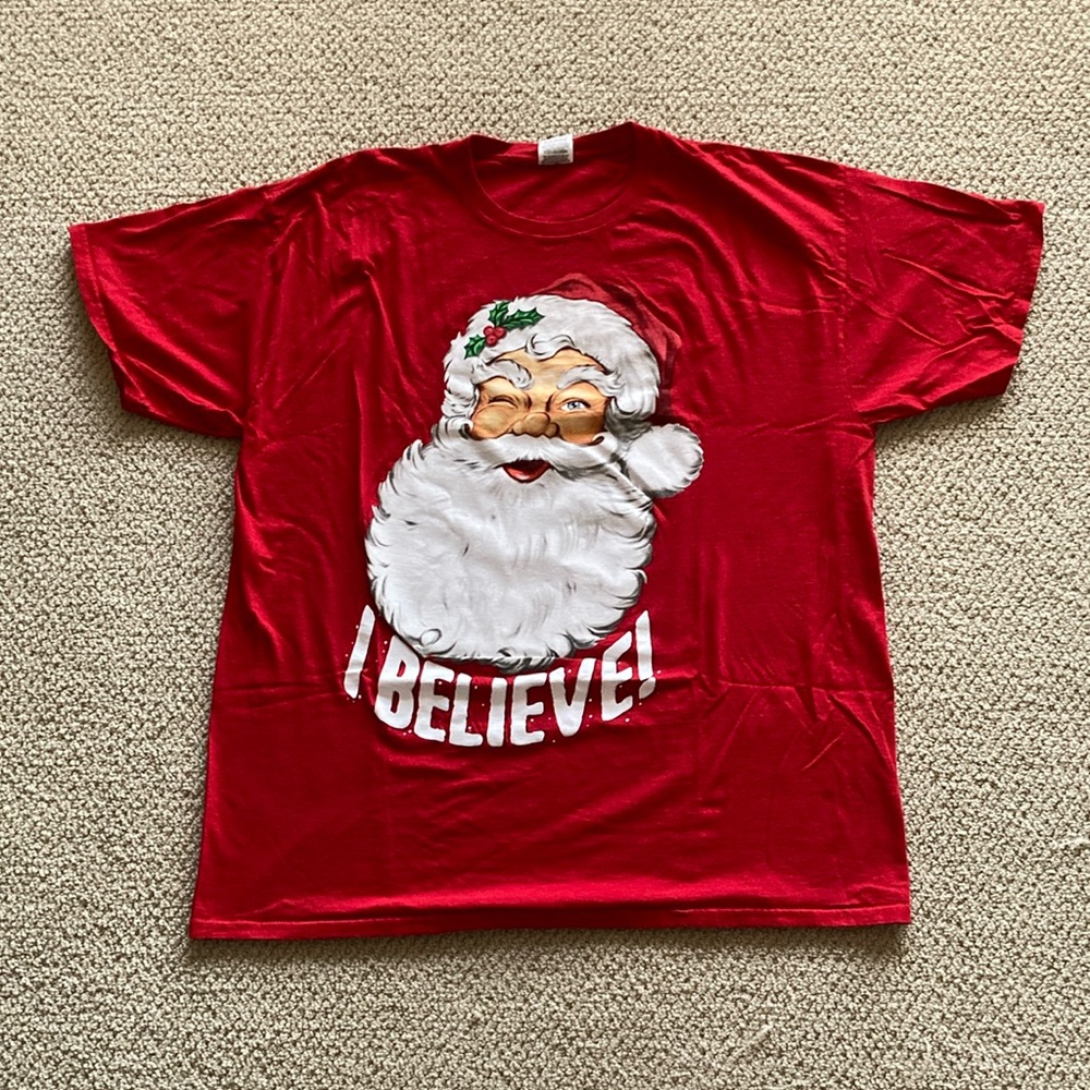Christmas I Believe! Santa Claus Bright Red Unisex T-Shirt Size XL Holiday Top